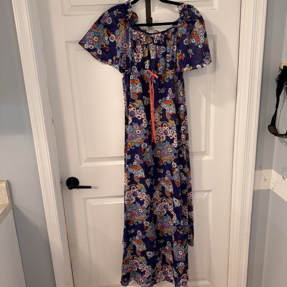 Vintage Harrods 60's Blue Floral Paisley Dress Ribbon Tie Waist Maxi Flowerchild
